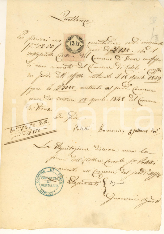 1859 VIONE (BS) Quietanza per saldo affitto da EDOLO *Documento bollo 15 kr