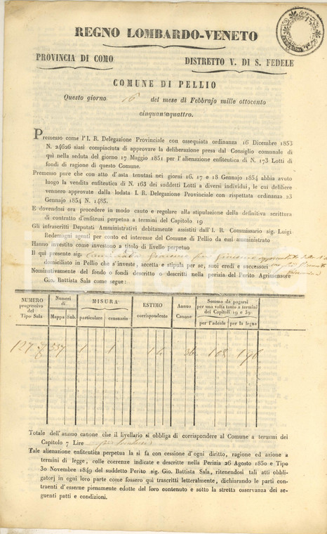 1854 PELLIO INTELVI Giacomo CAMINADA - Investitura livello perpetuo su un fondo 
