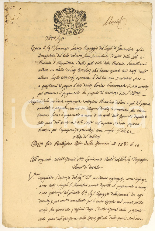 1798 GAMALERO (AL) Crediti Tommaso Lorenzo PASSAGGIO accensatore del bollo