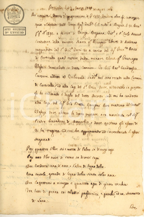 1826 CORTICELLE Pignoramento beni pro minore Elena ALGHISI sposata *Documento 