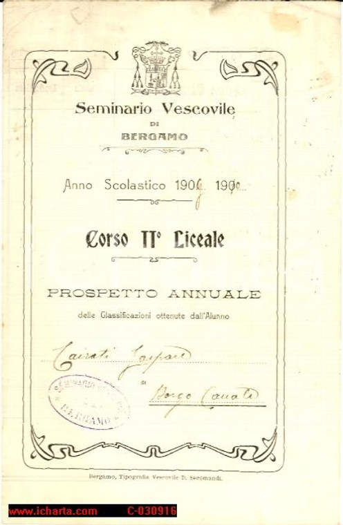 1910 SEMINARIO VESCOVILE DI BERGAMO pagella