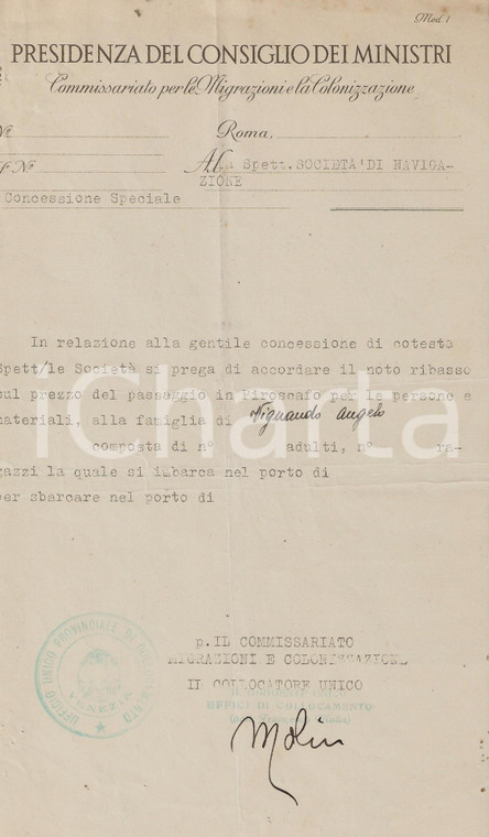 1920 COMMISSARIATO COLONIZZAZIONE ribasso viaggi