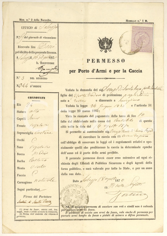 1870 REGNO D'ITALIA SALUZZO (CN) Permesso per porto d'armi e caccia