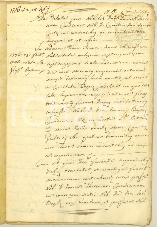 1776 PAVIA Contratto di dote nobile Teresa CANDIANI - Manoscritto 20 pp.