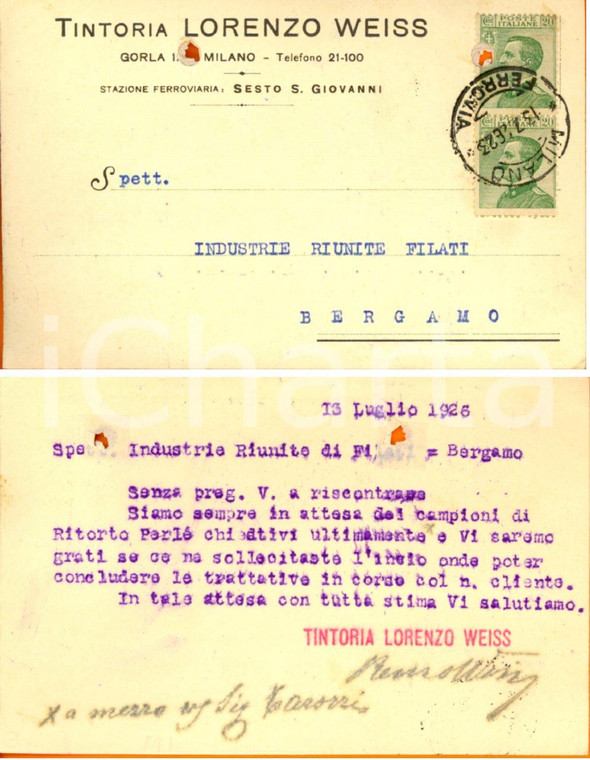 1926 SESTO SAN GIOVANNI (MI) Tintoria Lorenzo WEISS *Cartolina intestata FP VG