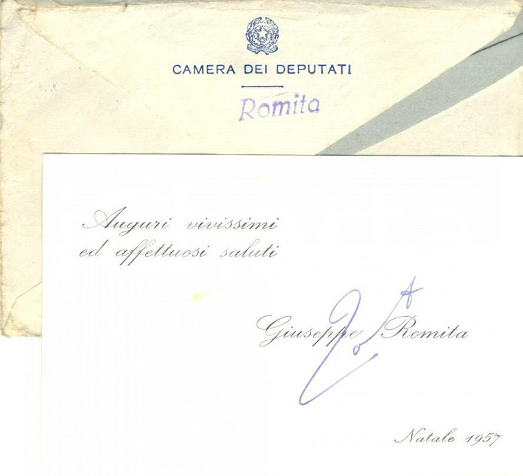 1957 ROMA Auguri di Natale da Giuseppe ROMITA *Biglietto AUTOGRAFO