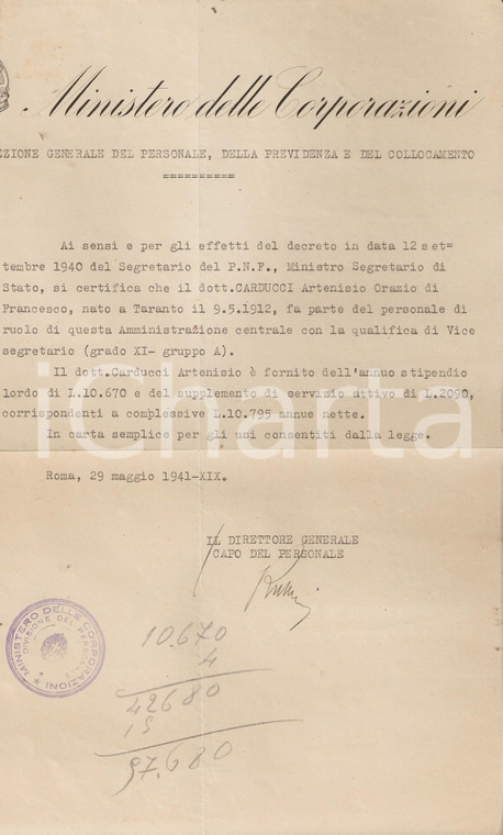 1941 TARANTO Artemisio Orazio CARDUCCI dipendente Ministero Corporazioni