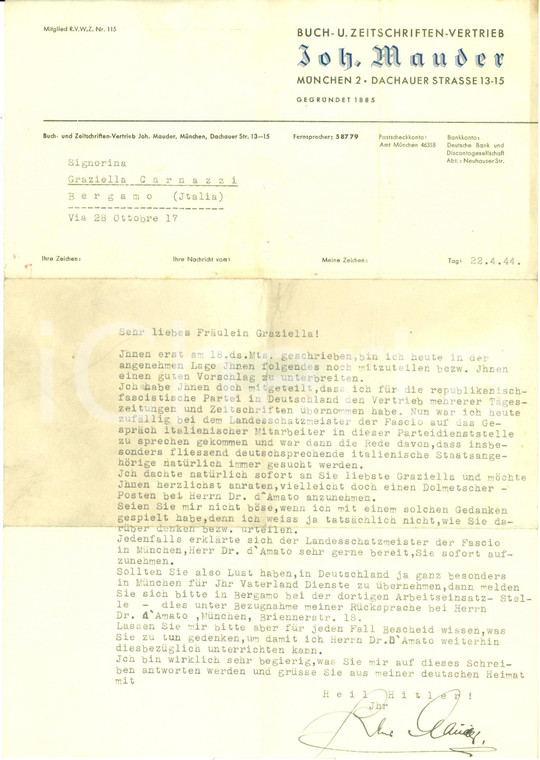 1944 MUNCHEN DE PFR Graziella CARNAZZI raccomandata come interprete postale RSI