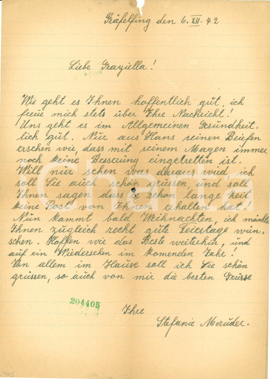 1942 GRAFELFING (DE) Auguri di buon NATALE a Graziella CARNAZZI *Lettera