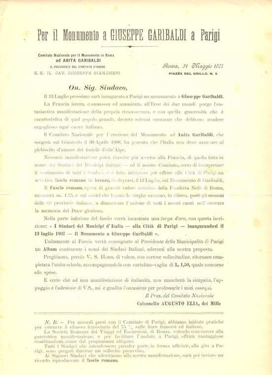 1907 ROMA Fascio Romano Fonderia NELLI per monumento a GARIBALDI a PARIGI