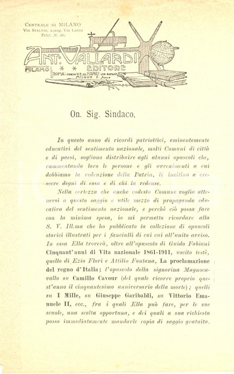 1911 MILANO Editore Antonio VALLARDI contribuisce a celebrazioni per GARIBALDI