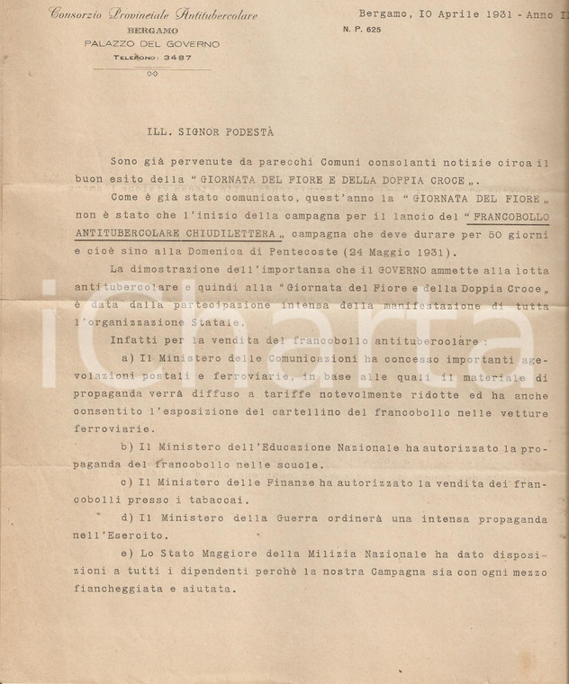 1931 BERGAMO Consorzio Antitubercolare lancia francobollo Giornata DOPPIA CROCE
