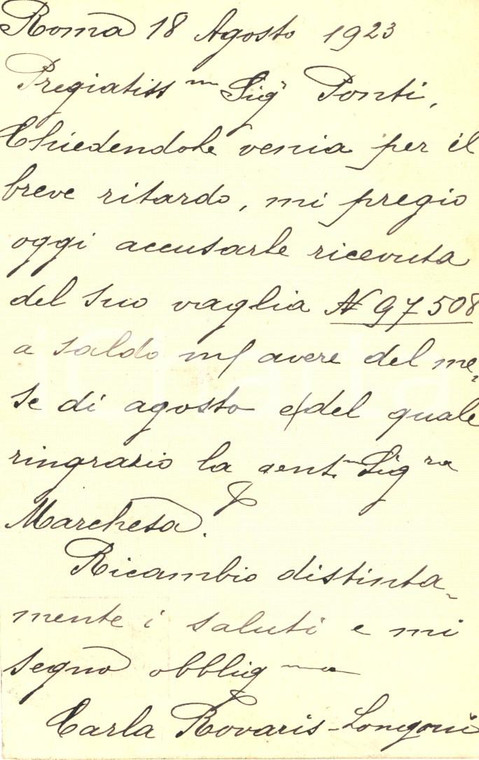 1923 ROMA Carla ROVARIS-LONGONI ringrazia Leone PONTI per vaglia Cartolina FP