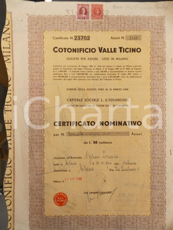 1962 MILANO Cotonificio VALLE TICINO spa *Certificato nominativo 2000 azioni
