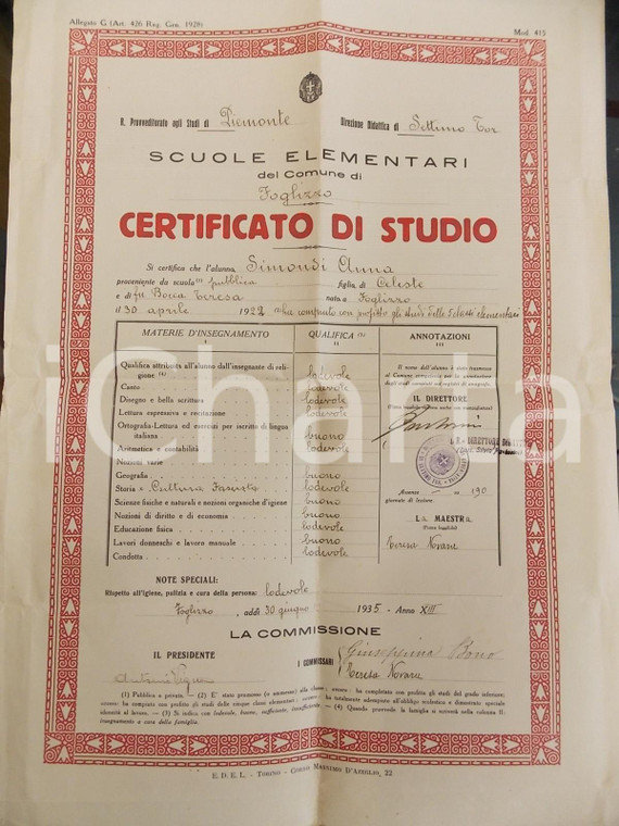 1935 FOGLIZZO (TO) Certificato di studio di Anna SIMONDI scuole elementari