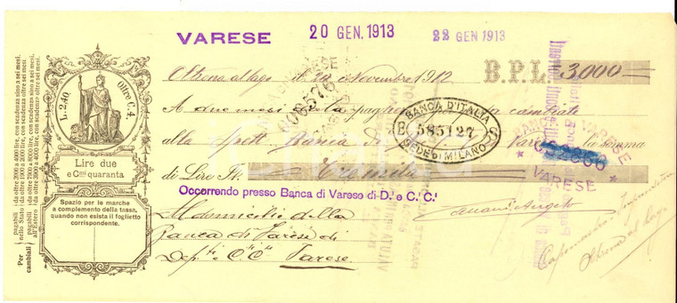 1913 OLTRONA AL LAGO (VA) Cambiale BANCA DI VARESE 