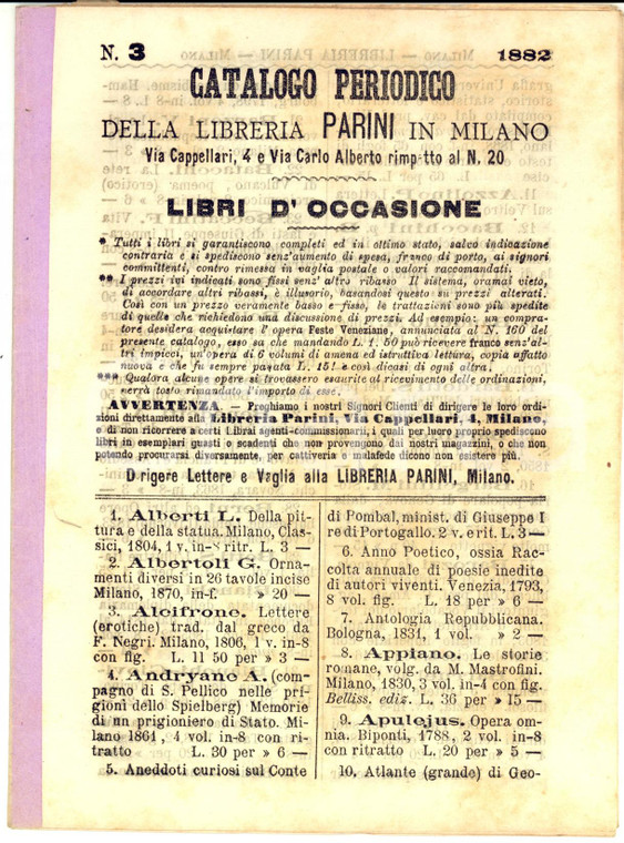 1882 MILANO Catalogo libreria PARINI - Libri d'occasione n° 3