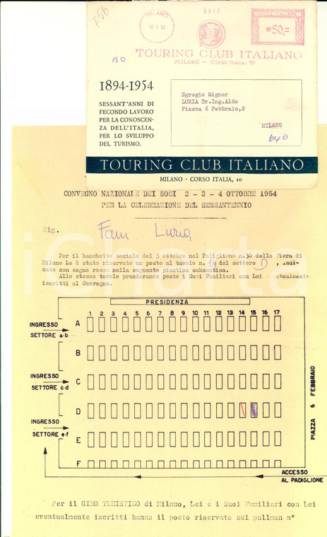 1954 MILANO TOURING CLUB ITALIANO Tavoli al banchetto per il sessantennio