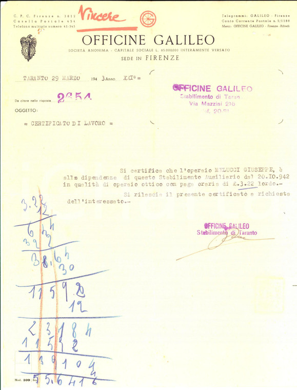 1943 TARANTO OFFICINE GALILEO Certificato operaio ottico Giuseppe MELUCCI