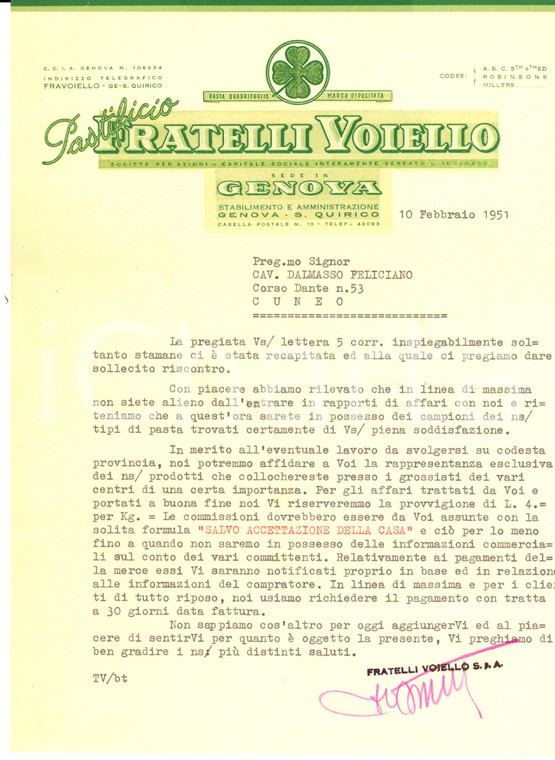 1951 GENOVA SAN QUIRICO Pastificio Fratelli VOIELLO *Lettera a un rappresentante