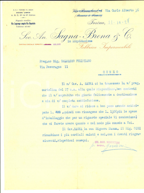 1928 TORINO Soc. An. SAGNA-BRENA su spedizione di un soprabito *Lettera