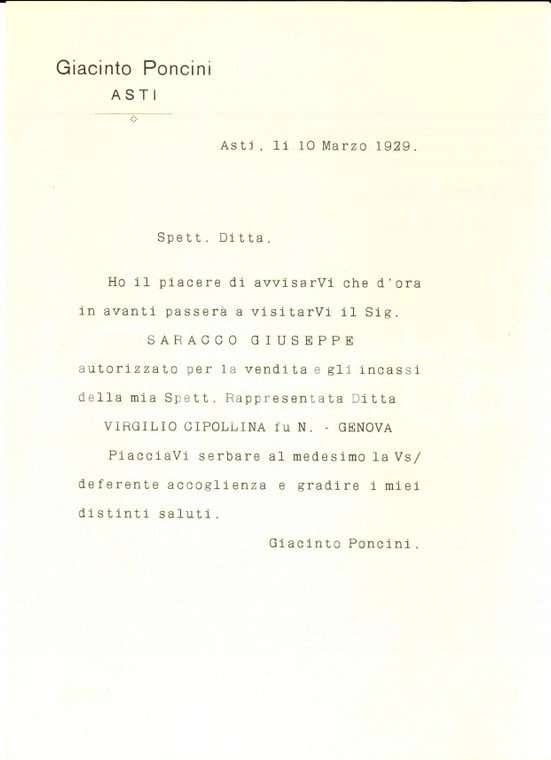 1929 ASTI Ditta Giacinto PONCINI avvisa per rappresentante Giuseppe SARACCO