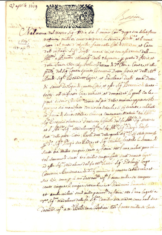 1621 MONDOVÌ (CN) Michele GRASSI vende censo a Bartolomeo FILIPPONE *Manoscritto