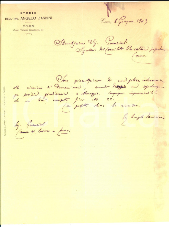 1903 COMO Ing. Angelo ZANNINI annuncia assenza a una riunione *Autografo