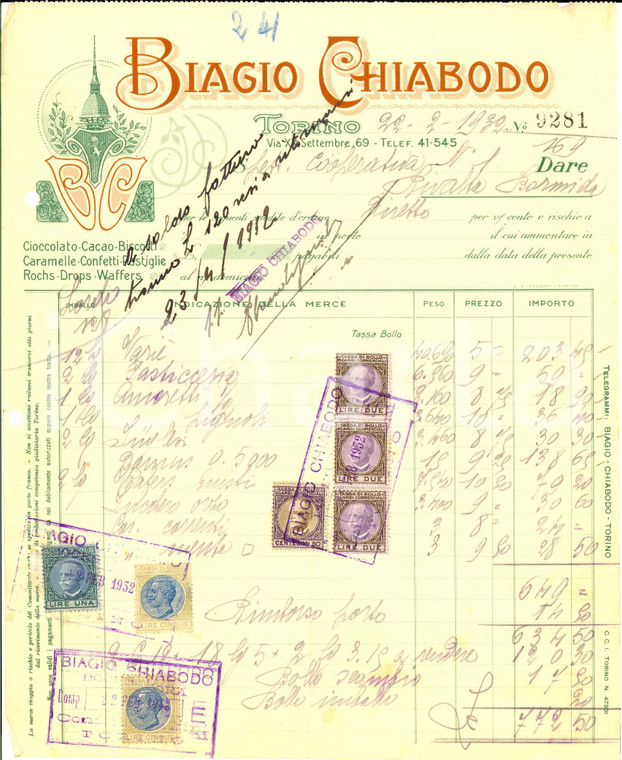 1932 TORINO Biagio CHIABODO Cioccolato *Fattura ILLUSTRATA con bolli