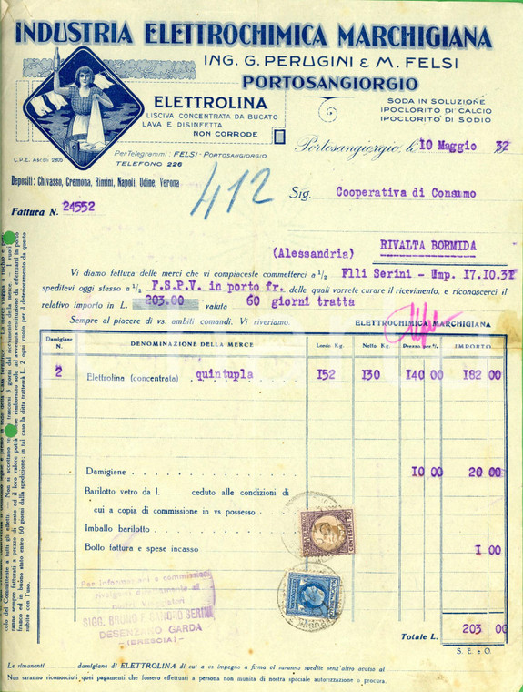 1932 PORTO SAN GIORGIO (FM) Industria Elettrochimica Marchigiana *Fattura