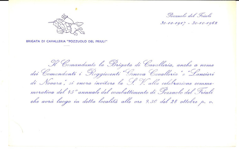1962 POZZUOLO DEL FRIULI (UD) Commemorazione Brigata di Cavalleria *Invito