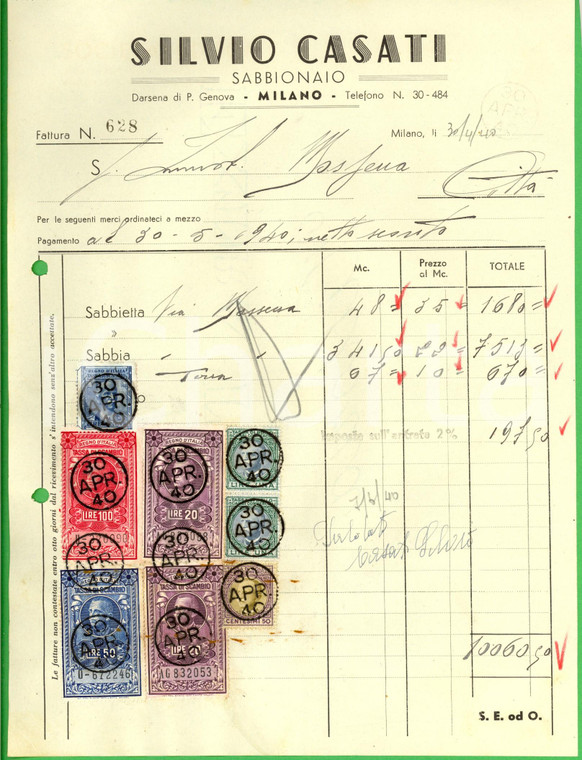 1940 MILANO Silvio CASATI sabbionaio *Fattura intestata con bolli