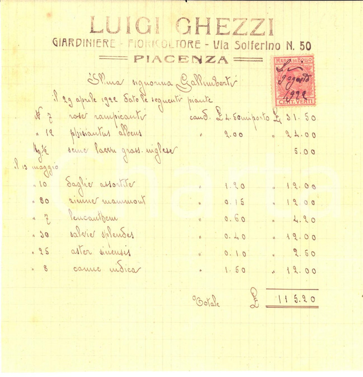 1922 PIACENZA Luigi GHEZZI Giardiniere - Fioricoltore *Conto manoscritto