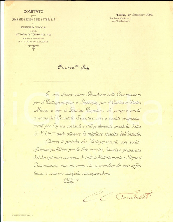 1906 TORINO Ringraziamenti comitato pellegrinaggio a SUPERGA per PIETRO MICCA