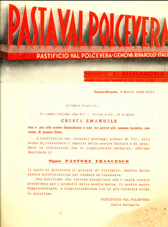 1939 GENOVA Pastificio VAL POLCEVERA - Francesco PASTORE nuovo rappresentante