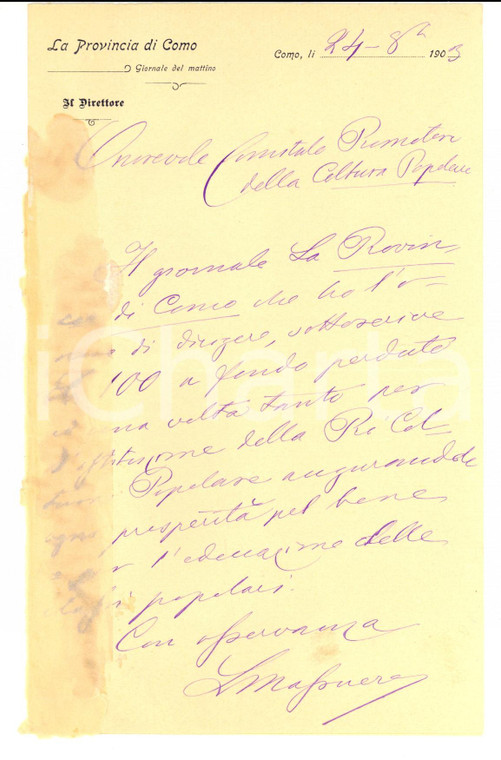 1903 LA PROVINCIA DI COMO Direttore Luigi MASSUERO annuncia sottoscrizione
