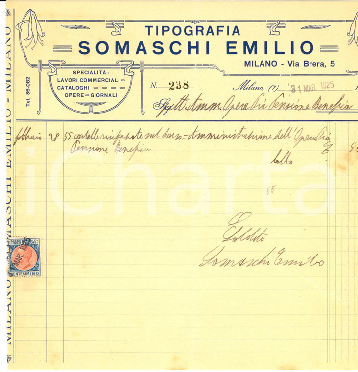 1925 MILANO Tipografia Emilio SOMASCHI cataloghi *Fattura intestata