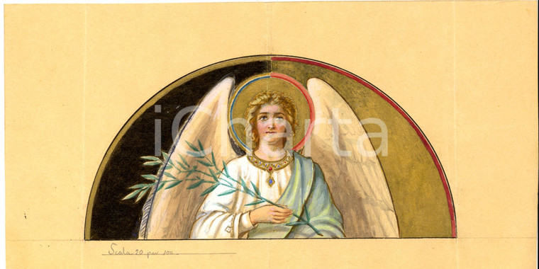 1907 ARTE SACRA Angelo con ramo d'ulivo *Bozzetto acquerellato a mano 30x15 cm