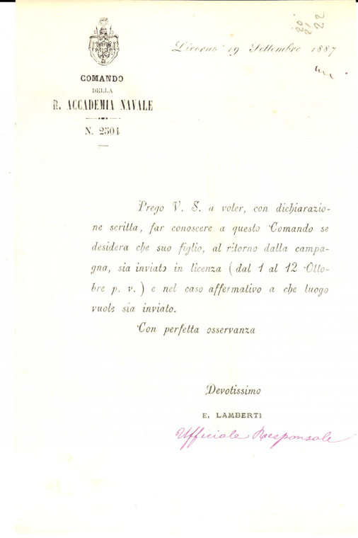 1887 Accademia Navale LIVORNO Lettera sulla licenza da concedere a un allievo