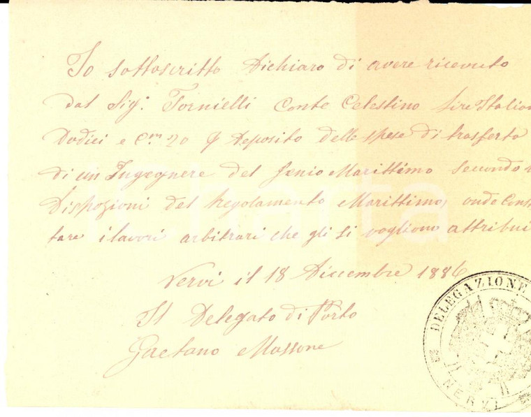 1886 GENOVA NERVI Ricevuta delegato di porto Gaetano MASSONE per spese trasferta