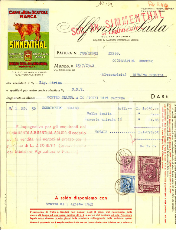 1942 MONZA S. A. SIMMENTHAL Carne in scatola *Fattura commerciale