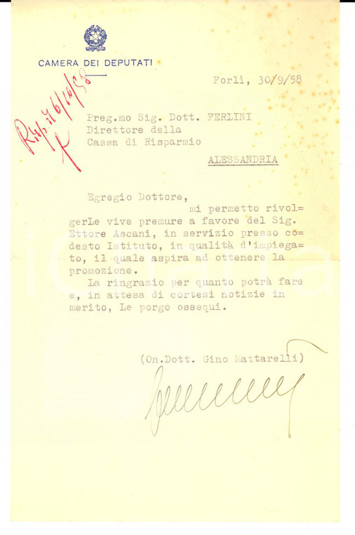 1958 FORLI' On. Gino MATTARELLI raccomanda Ettore ASCANI *AUTOGRAFO