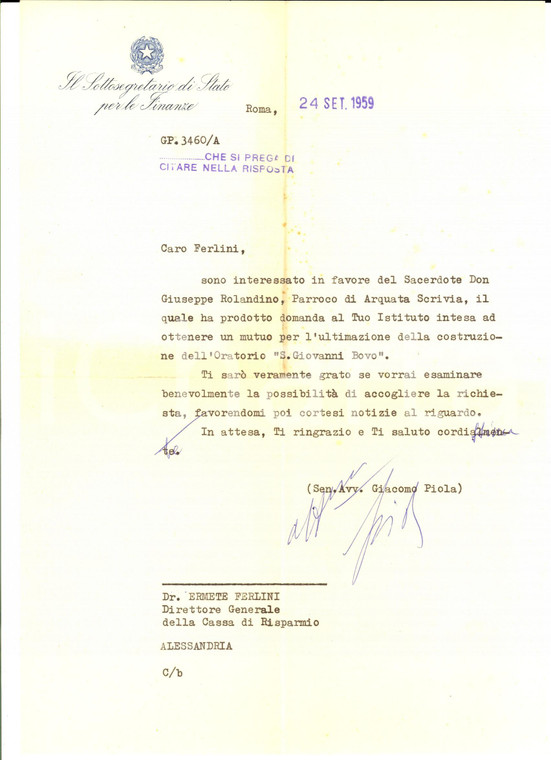 1959 ROMA Senatore Giacomo PIOLA pro oratorio SAN GIOVANNI BOVO *Autografo