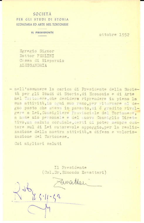1960 TORTONA Società Studi di Storia- Lettera Edmondo ZAVATTARI *Autografo