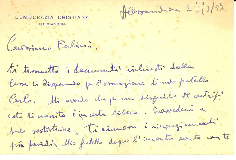 1957 DEMOCRAZIA CRISTIANA ALESSANDRIA Ringraziamenti Adriano BIANCHI *Autografo