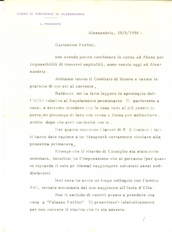 1958 ALESSANDRIA Cassa di Risparmio - Lettera Marco Enrico VIORA *AUTOGRAFO