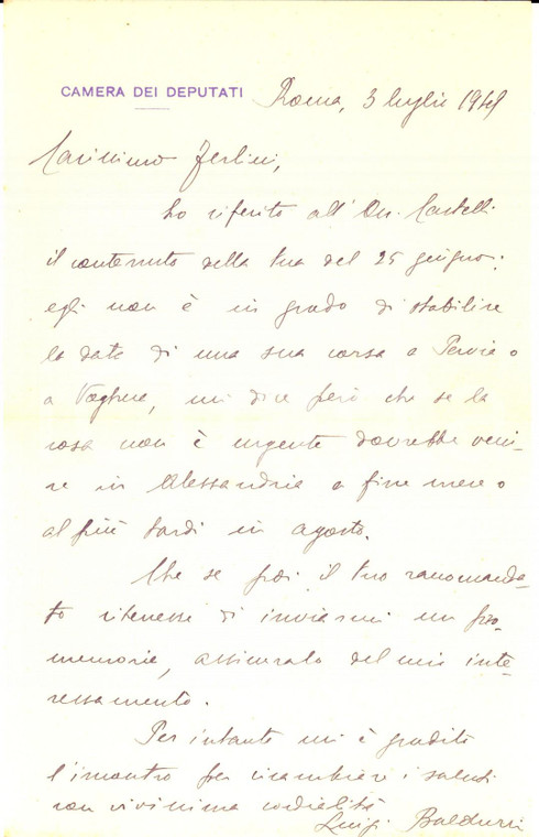 1949 ROMA Lettera del deputato Luigi BALDUZZI per un appuntamento *AUTOGRAFO