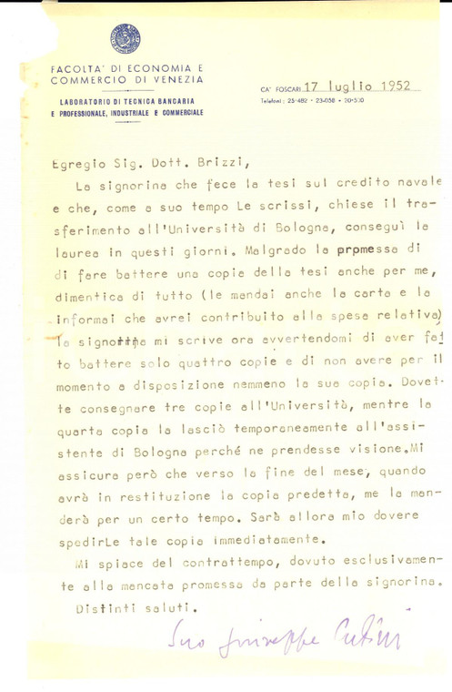 1952 VENEZIA Facoltà di Economia - Giuseppe CUDINI su una tesi di laurea 