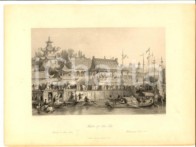 1843 T. ALLOM - G. N. WRIGHT Theatre at TIEN-SIN *Stampa inc. SANDS 27x20 cm