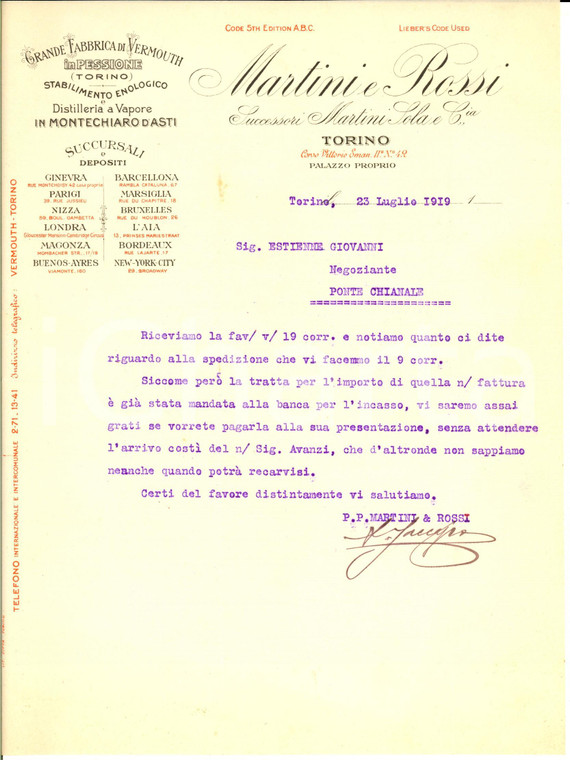 1919 TORINO Società MARTINI & ROSSI Fabbrica vermouth *Lettera commerciale
